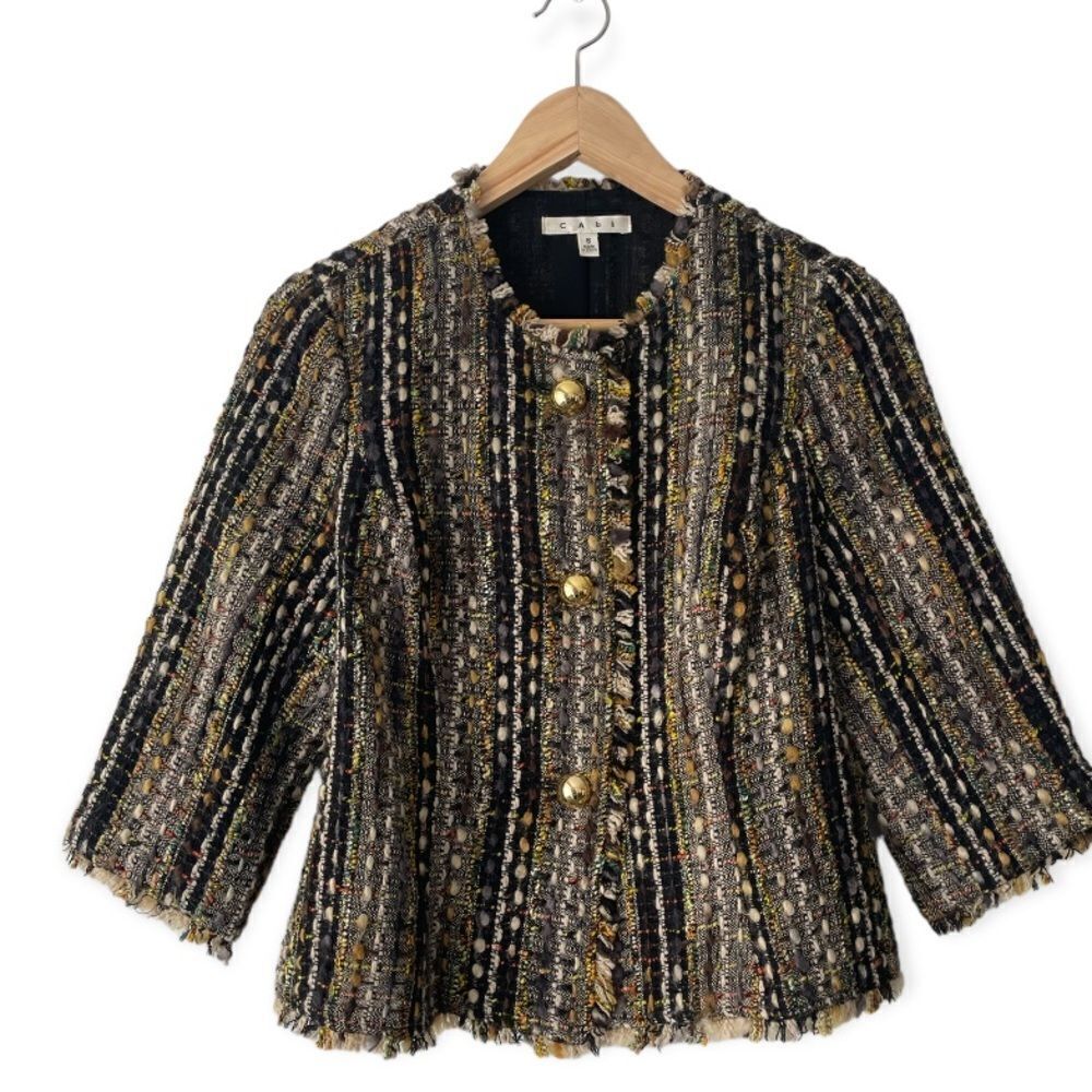 CAbi Women Multicolor Tweed with Gold Buttons Jacket 3/4 Sleeve Small 646